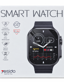Box packaging for a smart watch showing a black square smartwatch on the right and feature icons on the left with SMART WATCH title at top