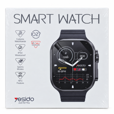 Box packaging for a smart watch showing a black square smartwatch on the right and feature icons on the left with 'SMART WATCH' title at top