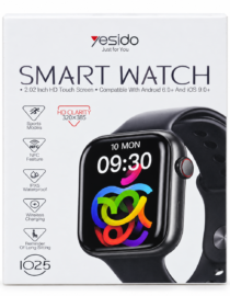 Yesido Smart Watch packaging showing a black smartwatch with a colorful dial and feature icons on the left side sports modes NFC waterproof wireless charging