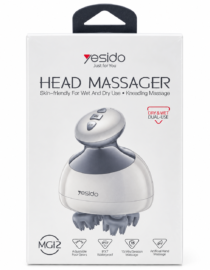 Packaging for Yesido Head Massager showing a silver handheld massager and Dry  Wet Dual Use label on the box