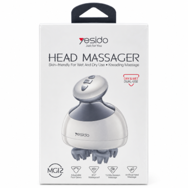 Packaging for Yesido Head Massager, showing a silver handheld massager and 'Dry & Wet Dual-Use' label on the box