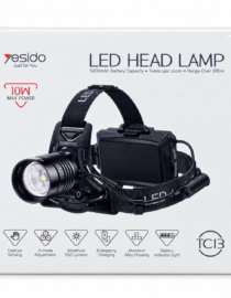 Packaging for Yesido LED Head Lamp showing a black headlamp with adjustable strap and battery pack highlights 5400mAh capacity telescopic zoom 300m range