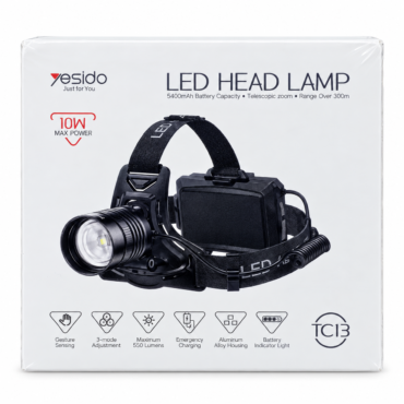 Packaging for Yesido LED Head Lamp showing a black headlamp with adjustable strap and battery pack; highlights 5400mAh capacity, telescopic zoom, 300m range.