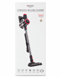 Box packaging for Yesido cordless vacuum cleaner showing a black and red stick vacuum and handle on a white box surface