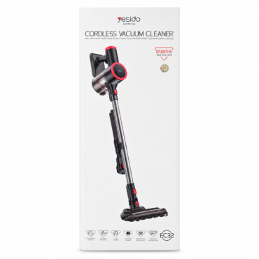 Box packaging for Yesido cordless vacuum cleaner showing a black and red stick vacuum and handle on a white box surface