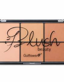 Six shade blush palette in a black case with peach to bronze powders and a floral script logo across the shades