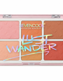 Six well makeup palette with pink peach and bronze powders in a pink case overlaid with rainbow LUST WANDER text and SEVENCOOL FASHION MAKEUP branding in the center