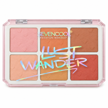 Six-well makeup palette with pink, peach, and bronze powders in a pink case, overlaid with rainbow 'LUST WANDER' text and 'SEVENCOOL FASHION MAKEUP' branding in the center